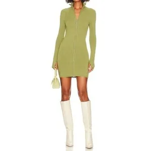 Song of Style Olive Green Knit Mini Dress Long Sleeve Full Zip‎ Up Sz S thumbnail 10