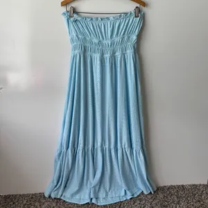 Eyelet Maxi‎ Dress Strapless Ruffle Trim Smocked Blue Dress Size M thumbnail 3