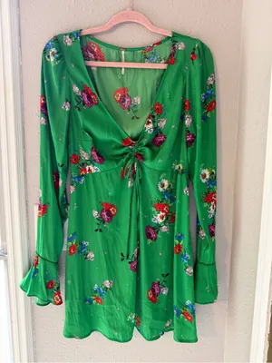 Free People Bright Green Floral Tie-Front Mini Dress V-Neck thumbnail 3
