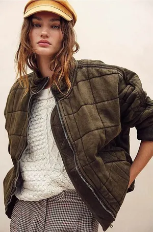 Free People Quilted Dolman Knit Jacket Dusted Military Green Large Oversized thumbnail 1