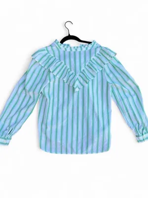 LOFT Green and White Striped Ruffle Collar Blouse thumbnail 5
