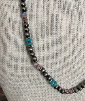 Navajo Style Pearl Necklace with Turquoise and Orange thumbnail 2