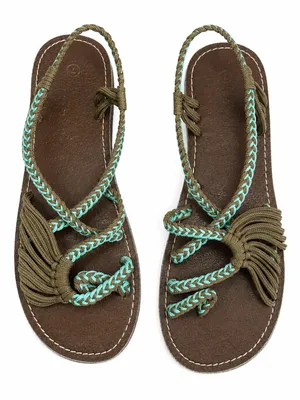 Plaka Size 7 Brown Turquoise Braided Rope Flat Sandals Bohemian Outdoors Beach thumbnail 5