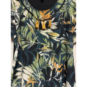With Love Women's Tropical Leaf Green Yellow‎ Brown Tassel Necklace Blouse SZ L thumbnail 3