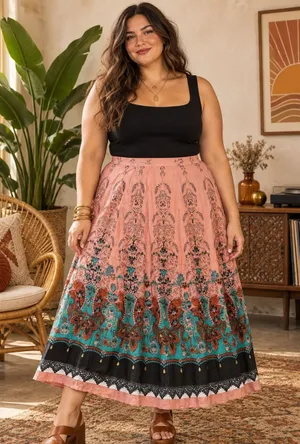 NWT Overdrive Plus 2X Boho Floral Crinkle Cotton Maxi Skirt Sequin Festival thumbnail 1
