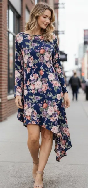 NWOT Abercrombie & Fitch Asymmetrical Navy Floral Long Sleeve Dress thumbnail 1