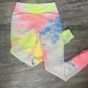 New Mix Tie Dye Size S/M Leggings Yoga Pants Scrunch Butt Womens Yellow Pink Blu thumbnail 2