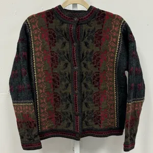 Vintage Cherry Lewis England Wool Jacquard Heritage Cardigan Sweater‎ Olive Med thumbnail 1