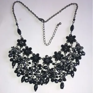Gunmetal Gray Dark Black Metal Floral Beaded Boho Statement Necklace thumbnail 1