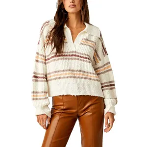 Free People Kennedy Striped Collared Cropped Chunky Knit Sweater Size Large thumbnail 10