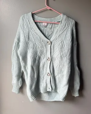 Women’s Cable Knit Cardigan Mint Green Button Front Cozy Cottagecore XS thumbnail 1