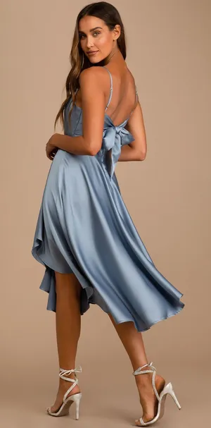 Lulus Blue Satin Asymmetrical Tie-Back Midi Dress thumbnail 2