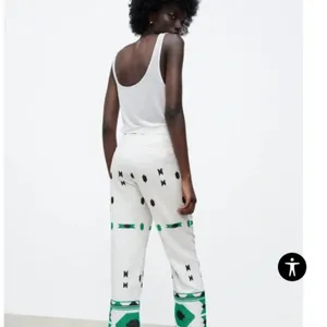 Zara White‎ & Green Geometric Embroidered Linen Pants Small Coastal Bohemian thumbnail 7