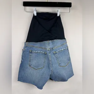 Isabel Maternity Mid Short Denim Jean Shorts Blue Raw Hem Crossover Panel thumbnail 8