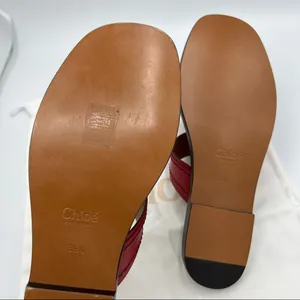 CHLOE Demi Leather Slide Flat Sandals Size EU 39.5 US 9.5 Red Tan Gold hardware thumbnail 6