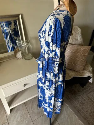 White closet elements white blue boho cottage paisley wrap Midi dress L thumbnail 9