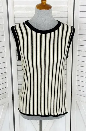 New York & Co Striped Ribbed Knit Sleeveless Sweater Tank Top Tan‎ Black Large thumbnail 1