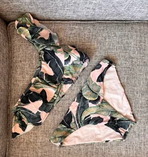 Gianni Bini Pink and Green Tropical Leaf Bikini Set thumbnail 1