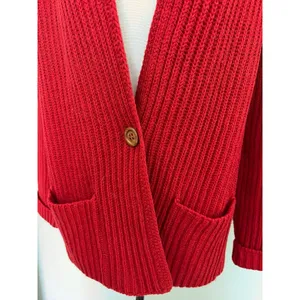Vintage L.L. BEAN 80s Dark Red 100% Shetland Wool Chunky Cardigan Sweater Size M thumbnail 3