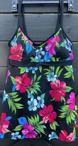 Mainstream Tropical Floral Print One Piece Skirted Swim Suit Swim Dress Size 16 thumbnail 1