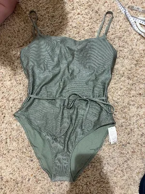 Aerie Shine Ribbed Strappy Scoop Olive Green One Piece Wrap Around Tie Swimsuit thumbnail 3