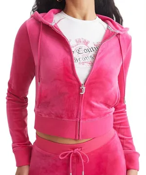 Juicy Couture Free Love Velour Zip‎ Hoodie Pink Rhinestone Logo NWT Size L thumbnail 1