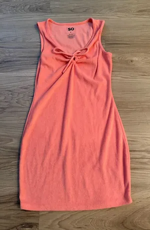 SO Coral-Orange Tie-Front Swim Cover up Terry Cloth Dress Size S thumbnail 1
