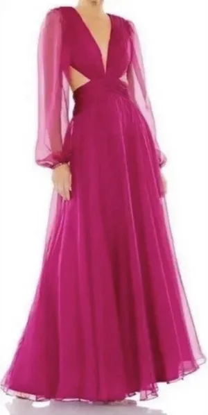 Ieena Mac Duggal Berry Fuchsia Cut out Puff Sleeve A Line Gown Size 0 thumbnail 1