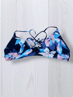 ROXY Women’s Tropical Floral Bikini Top Navy Blue Pink Bralette Criss Cross Back thumbnail 4