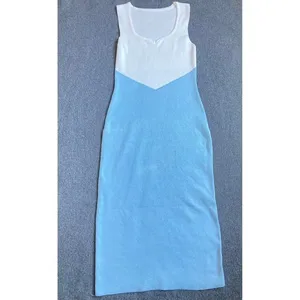 Knit Color Block Midi Dress White Blue‎ Sweetheart Neck Sleeveless Sheath Dress thumbnail 2