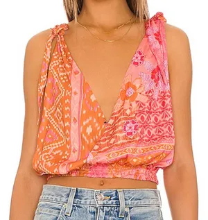 Free People Tied to You V Neck Printed Tank Top in Lemonade Combo Pink Orange S thumbnail 1