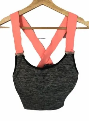 Marika Heathered Black Neon Pink Cross Back Sport‎ Bra Medium Support M thumbnail 1