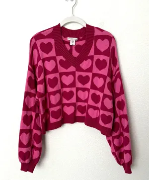 [Sincerely Jules] Pink Geometric Heart Print V-Neck Oversized Sweater Sz Medium thumbnail 1