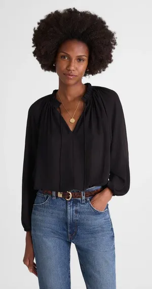Madewell | NWT Tie Neck Blouse Black‎ Long Sleeve Top | Sz L thumbnail 1