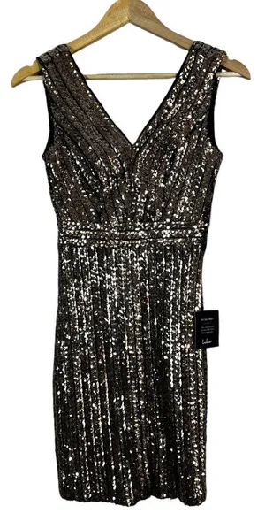 NWT Lulus Sequin Striped Mini Dress Gold V-Neck Glam Open Back Size XS thumbnail 1
