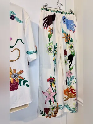 Tropical 2 Piece Set M Shirt Pants Drawstring Wide Leg NWOT thumbnail 9