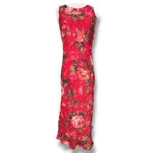 Vintage Red Floral Crinkle Maxi Dress Sleeveless Open Keyhole Back Romantic thumbnail 9