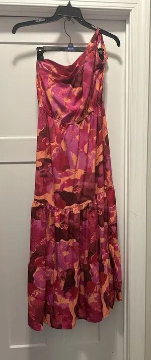 SheIn Pink Floral One Shoulder Maxi Dress Size 8 Tiered Ruffle Resort Vacation Cruise thumbnail 1
