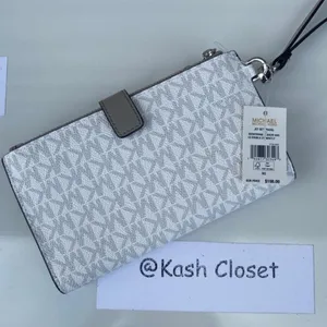 Michael Kors Bright White Double Zip Wristlet Large MK Signature Wallet thumbnail 3