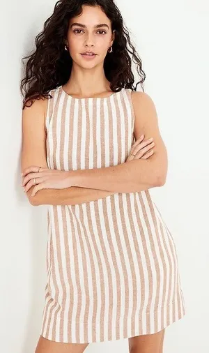 Old Navy Linen Blend Striped Shift Dress XL Tan White Sleeveless Mini thumbnail 1