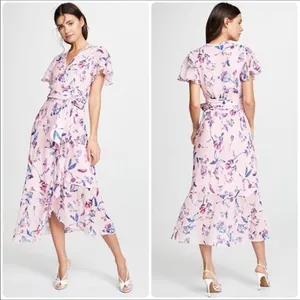 Tanya Taylor Blaire Pink Floral Silk Ruffle MIDI Dress Faux Wrap Flowers v6x thumbnail 2