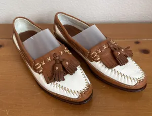 Cole Haan Country Loafers Brown/White Leather Tassel Kiltie Moc Toe Shoes Sz 7.5 thumbnail 1