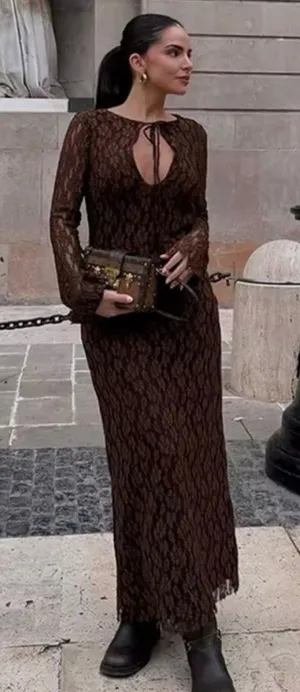 ZARA Brown Dress Long Sleeve Lace thumbnail 1