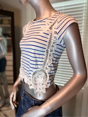 Anthropologie Maeve XS Striped Lace Crochet Crop Top 100% Cotton Boho Festival thumbnail 2