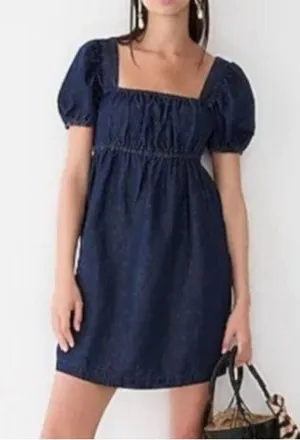 EUC J. Crew Linen Blend Denim Square Neck Puff Sleeve Dress Size 00 thumbnail 1
