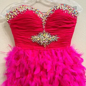 Mac Duggal Hot Pink Feather Mini Dress Beaded Sequin Strapless Prom Party Size 0 thumbnail 4