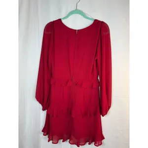 Trixxi Dress Womens M Red Chiffon Ruffle Tiered Mini V-Neck Long Sleeve thumbnail 12
