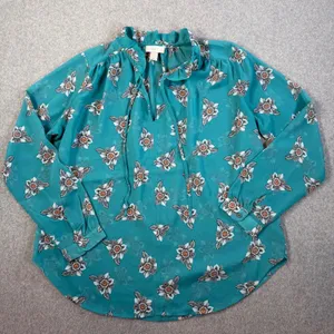 LOFT Outlet Women's Medium Sheer Teal Floral Ruffle Tie Neck Blouse Top thumbnail 1
