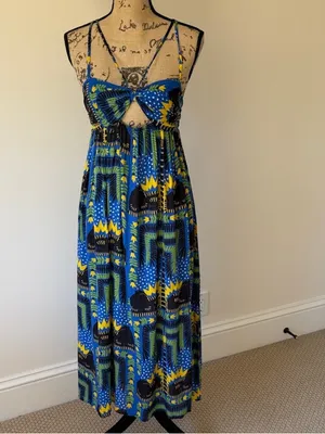 Antrhopologie Incerti midi dress small bandeau strappy blue black cat print thumbnail 4
