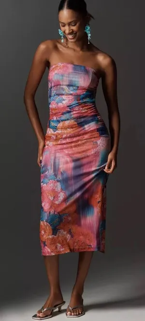 Anthropologie The Soleil Slim Strapless Ruched Mesh Midi‎ Dress Pink Abstract thumbnail 1